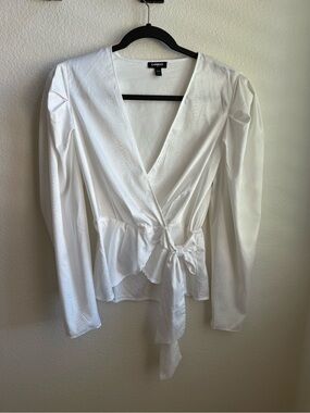 Express White Wrap Blouse with Tie Waist Puff Sleeves